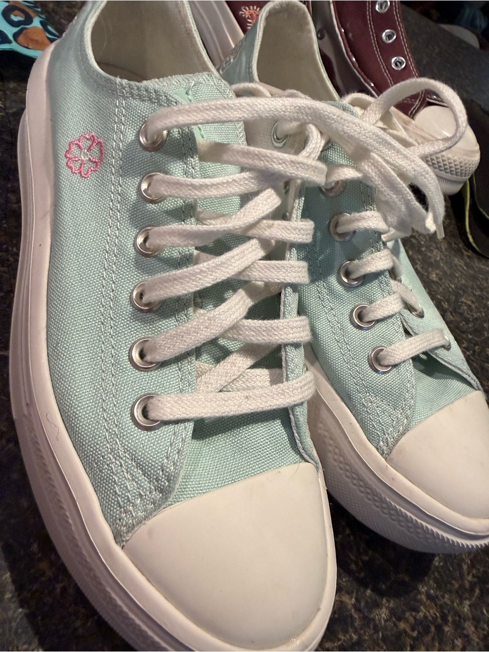 Converse Low Top Sneakers Mint Green and White with cute flower on side